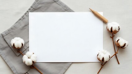 Blank white paper surrounded by cotton flowers and pencil on gray cloth