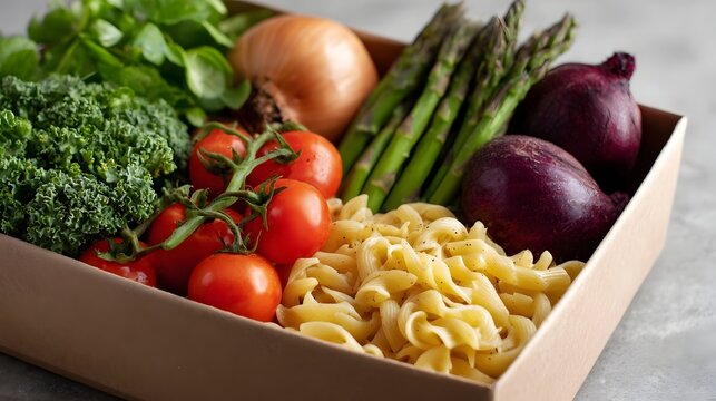 Fresh ingredients for a healthy meal kit including pasta tomatoes kale asparagus and onions in a cardboard box