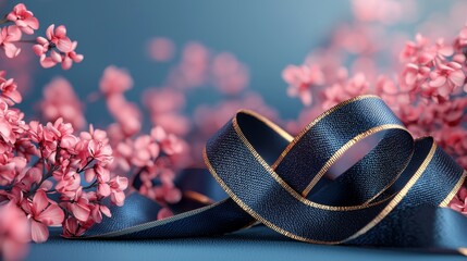 Beautiful ribbon and pink flowers create a simple scene in soft light during the spring season