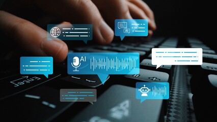Hands Typing on Keyboard with Digital Communication Icons Representing AI, Voice Recognition, and Online Interaction in a Modern Technology Context Gluon.