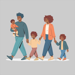 A diverse family of five, including parents and three children, walks together happily