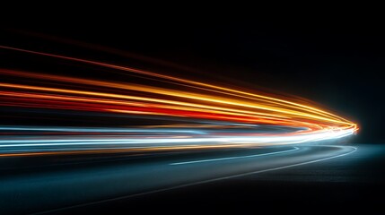 Long exposure captures streaking, colorful light trails on a dark road surface at night