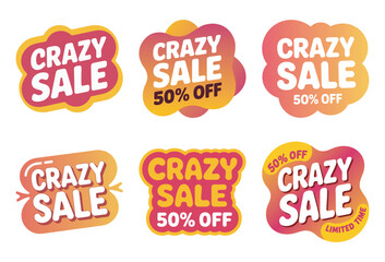Set of six colorful crazy sale tags for promotional offers and big discounts