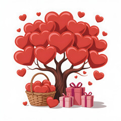 "Heart Tree with Basket of Hearts and Gift Boxes Romantic Love Illustration for Valentine Season"