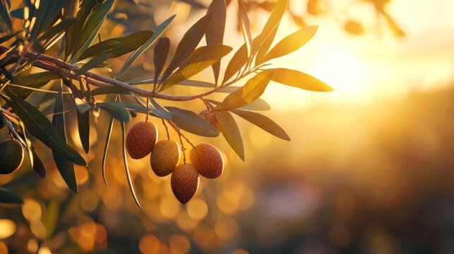 Olive tree branch with ripe olives during sunset in a warm landscape setting