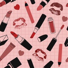 Seamless pattern with decorative cosmetics. Makeup and beauty. Lipsticks of various shapes and colors, gloss with a pendant, lip liner, lip prints. Vector illustration on pink background.