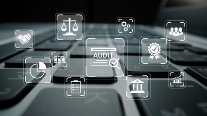 Digital Audit Concept on Keyboard with Icons Representing Analysis, Law, Business, Certification,...