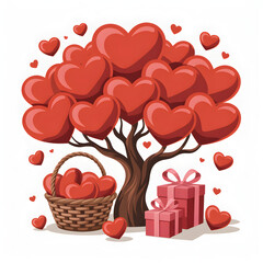 "Heart Tree with Basket of Hearts and Gift Boxes Romantic Love Illustration for Valentine Season"