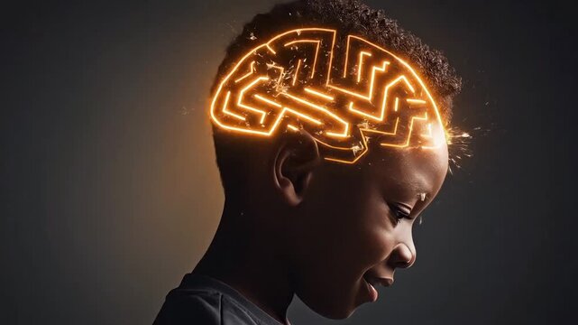 A young Black child in profile with a glowing orange maze symbolizing a developing brain.