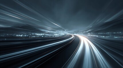 Long exposure shot of a highway at night with illuminated vehicle light trails