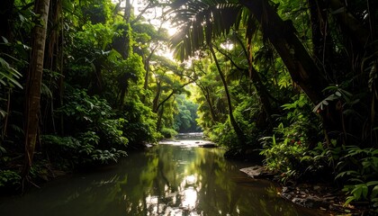 Obraz premium Lush Tropical River - A Serene Journey Through the Jungle.