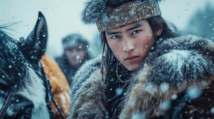 Young nomadic warrior on horseback in winter landscape during snowfall