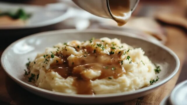 Gravy being poured over mashed potatoes in a white ceramic plate