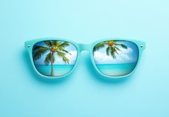 Palm trees and ocean reflected in stylish sunglasses, minimal summer travel concept