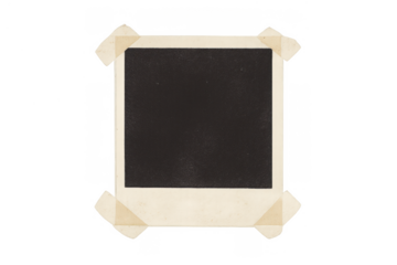 Instant film frame with copy space, retro blank polaroid paper taped to transparent background, vintage memory mock-up