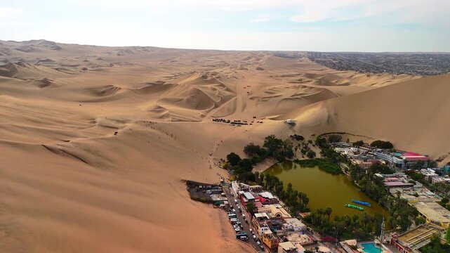 Aerial drone view of a desert landscape with the Huacachina oasis, sand dunes and the city of Ica. Peru	
