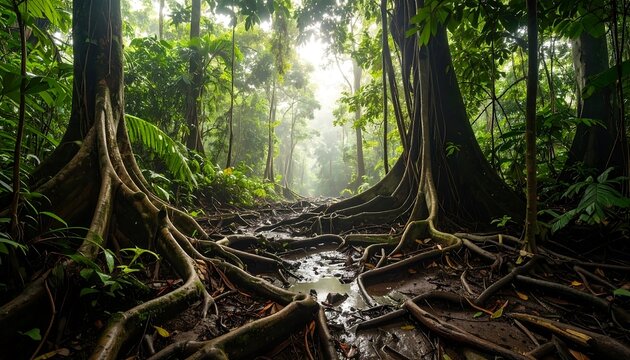 Lush Rainforest Path with Exposed Roots and Sunlight. - Powered by Adobe
