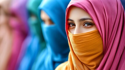 Naklejka premium Colorful Veiled Women Striking Eyes and Vibrant Hijabs in CloseUp.