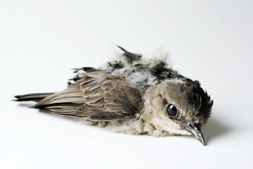 Wild bird lying still on white background, nature and fragility concept