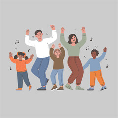 Happy diverse family group joyfully dancing together with musical notes floating around