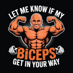 Humorous cartoon muscular bald man flexing biceps with a funny text slogan