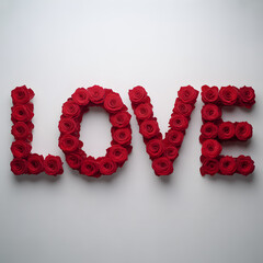 "LOVE Word Spelled with Red Rose Blooms Floral Typography Romantic Wall Art for Valentine"