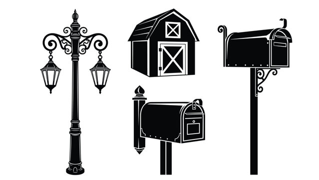 Vintage outdoor objects silhouette set, street lamp, farmhouse barn, rural mailbox designs, black white vector illustration collection