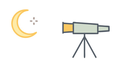 Vector icon of a telescope pointing at a thin crescent moon, representing moon sighting for Ramadan or Eid.