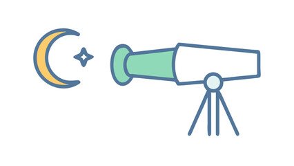 Vector icon of a telescope pointing at a thin crescent moon, representing moon sighting for Ramadan or Eid.
