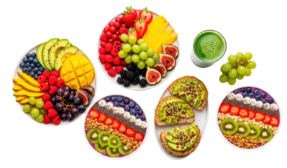Assortment of healthy fruit platters, toasts, and green smoothie isolated on transparent background