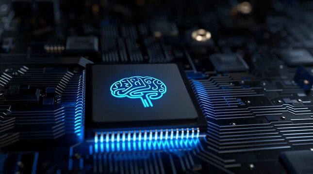 Electronic circuit board with processor featuring glowing blue skull design