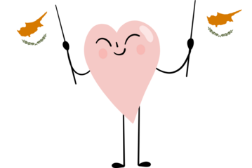 illustration of Cyprus flag with heart cartoon character