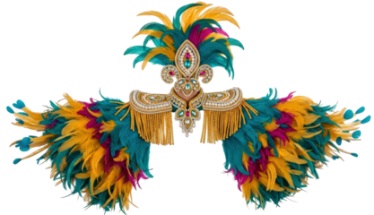 Ornate mardi gras carnival feathered headdress or costume accessory with fleur de lis isolated on transparent background