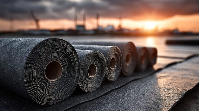 Close up of Waterproofing Membrane Rolls on Rooftop at Sunset Scene