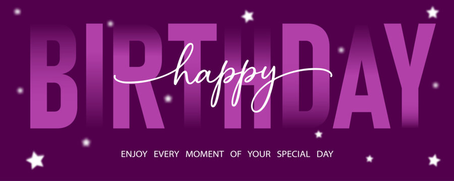 Modern Happy Birthday banner with stars and elegant script lettering on purple background