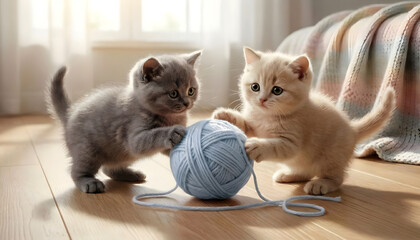 Kittens Playing with Blue Yarn