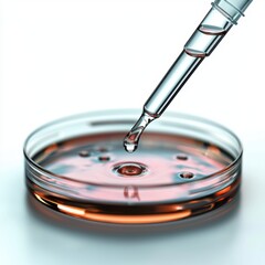 Laboratory pipette dripping liquid into glass petri dish macro science concept