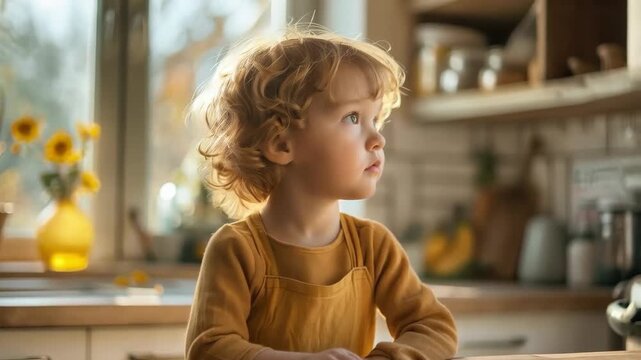 A little boy with golden curls gazes thoughtfully out of the kitchen window, where sunlight plays on a vase of sunflowers &mdash; the perfect atmospheric backdrop for family blogs or advertisements for chil