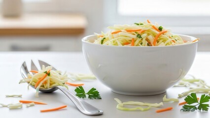 White bowl with shredded cabbage and carrots
