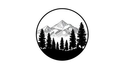 Hand-drawn minimalist circular illustration of a mountain landscape with pine trees and forest. Black and white nature emblem.