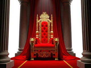 An ornate golden throne with red velvet cushions stands prominently displayed