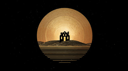 Retro Abstract Art: Silhouetted Ruined Building on a Hill Against a Golden Sun Disk and Minimalist Black Background