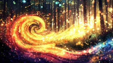 A colorful swirl of light and color is depicted in a forest setting. The image is a work of art that evokes a sense of wonder and magic