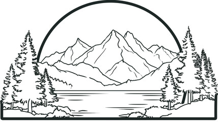 Black and white line art illustration of majestic mountains, serene lake, and pine forest. Outdoor nature landscape graphic.
