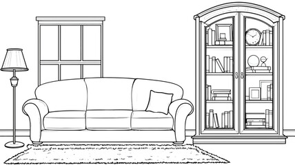 Line art illustration of a classic living room interior. Cozy space with a sofa, floor lamp, rug, and bookcase filled with books.