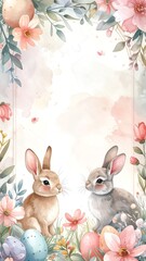 Easter Bunny Rabbits with Flowers and Eggs.