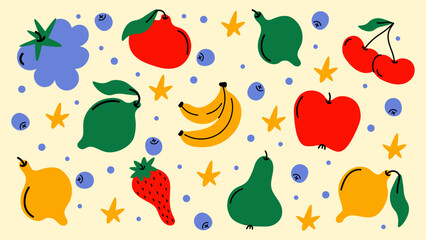 Cartoon fruit and berry stickers in retro groovy doodle style. Tropical exotic fruits, vegetarian healthy food and vitamin-rich snacks. © cutemole
