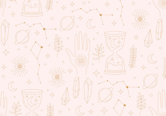 Naklejka premium Seamless mystic pattern with sun, moon and stars, cosmos background in tarot style, space and abstract astrology magic sky