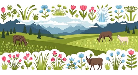Scenic meadow landscape with grazing animals and vibrant flowers.