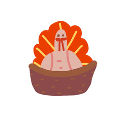 Cute cartoon turkey sitting in a basket with bright tail feathers celebrating thanksgiving harvest holiday.